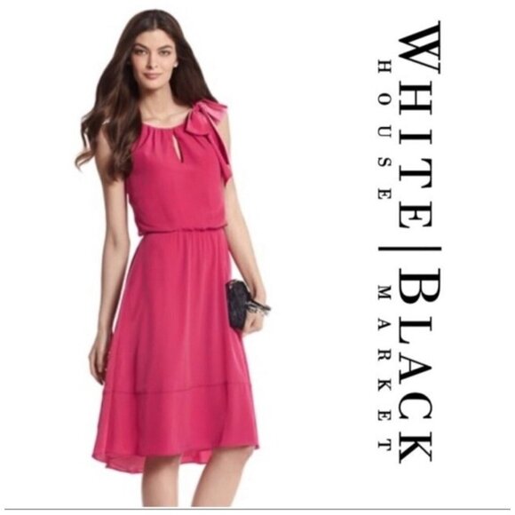 White House Black Market Size 4 Dress Tie Shoulder Pink Keyhole Front Midi Knee - Picture 2 of 10